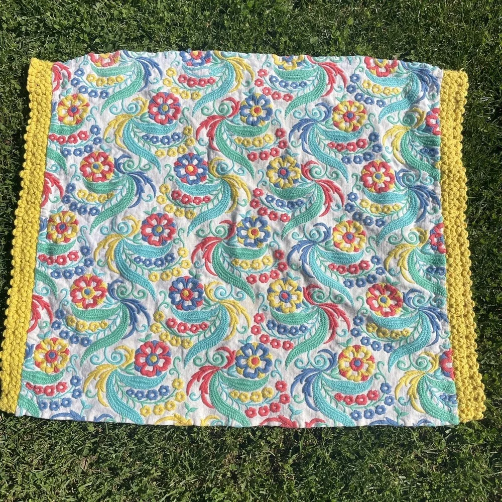 Vintage Embroidered Paisley Table Topper Tapestry Runner Eclectic Colorful 24x30
